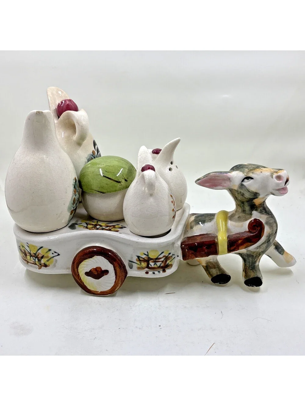 Vtg Ceramic Art Donkey Wagon Cart Condiment Caddy Figurine Rooster Farmhouse